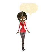 cartoon woman in short dress with speech bubble