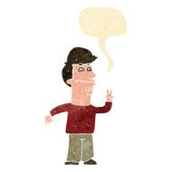 cartoon man giving peace sign with speech bubble N8