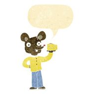cartoon mouse holding cheese with speech bubble