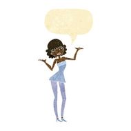 cartoon woman in cocktail dress with speech bubble