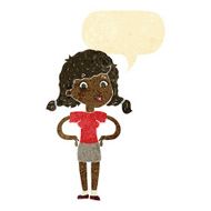 cartoon pretty girl with hands on hips speech bubble