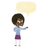cartoon woman making welcome gesture with speech bubble