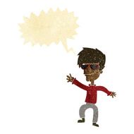 cartoon waving cool guy with speech bubble