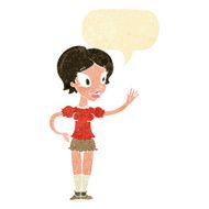cartoon waving woman with speech bubble N19