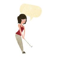 cartoon woman playing golf with speech bubble N4