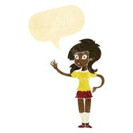 cartoon pretty woman waving for attention with speech bubble