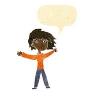 cartoon excited woman waving with speech bubble