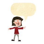 cartoon happy woman pointing with speech bubble N8