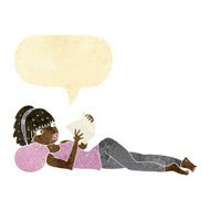 cartoon pretty woman reading book with speech bubble