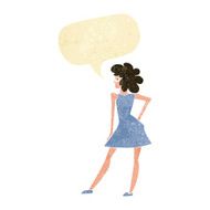 cartoon woman posing in dress with speech bubble N2