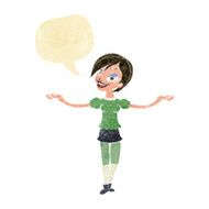 cartoon woman making open arm gesture with speech bubble N2