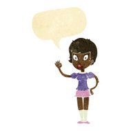 cartoon pretty girl waving with speech bubble N4