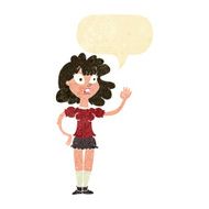 cartoon worried woman waving with speech bubble N3