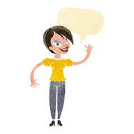 cartoon woman waving with speech bubble N27