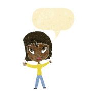 cartoon happy woman waving arms with speech bubble