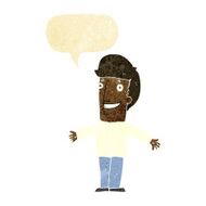cartoon grining man with open arms speech bubble