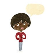 cartoon woman making Who Me? gesture with speech bubble N6
