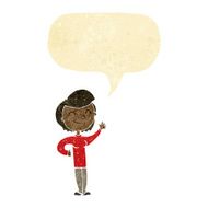 cartoon friendly waving woman with speech bubble