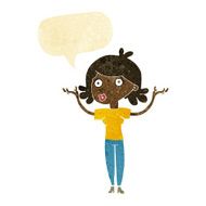 cartoon woman throwing arms in air with speech bubble