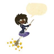 cartoon witch riding broomstick with speech bubble N3