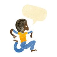 cartoon woman running with speech bubble