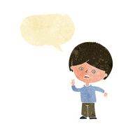 cartoon unhappy boy giving peace sign with speech bubble N2