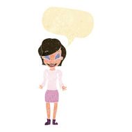 cartoon happy woman shrugging shoulders with speech bubble N2