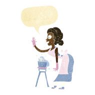 cartoon housewife washing up with speech bubble
