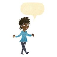 cartoon woman shrugging shoulders with speech bubble N48