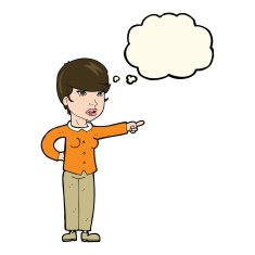 cartoon woman pointing finger of blame with thought bubble N8