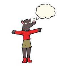 cartoon pointing werewolf woman with thought bubble N4