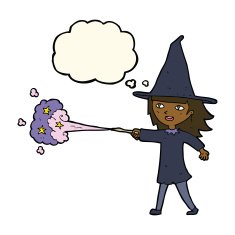 cartoon witch girl casting spell with thought bubble N12