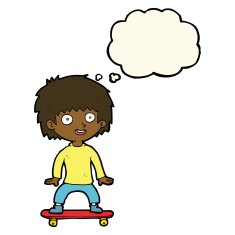 cartoon boy on skateboard with thought bubble N7