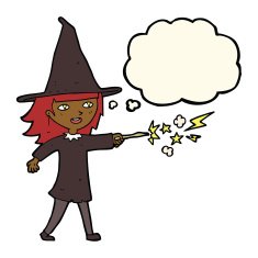 cartoon witch girl casting spell with thought bubble N13