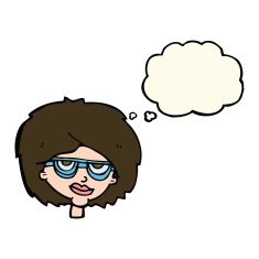 cartoon woman wearing spectacles with thought bubble N26