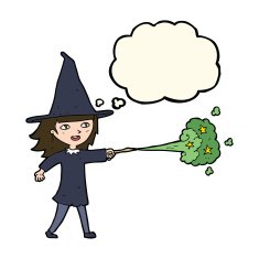 cartoon witch girl casting spell with thought bubble N14