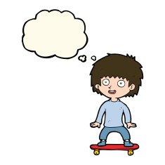 cartoon boy on skateboard with thought bubble N8
