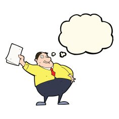 cartoon boss waving papers with thought bubble N7