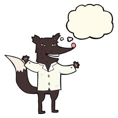 cartoon happy wolf wearing shirt with thought bubble N4