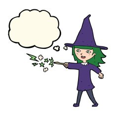 cartoon witch girl casting spell with thought bubble N15