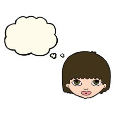 cartoon female face with thought bubble N95