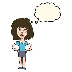 cartoon tough woman with thought bubble N7