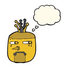 cartoon gold robot head with thought bubble N7