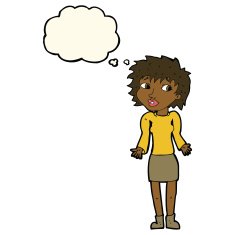 cartoon woman shrugging shoulders with thought bubble N323