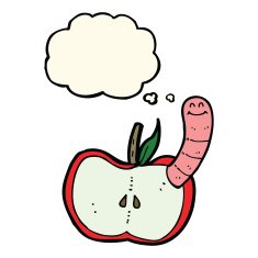 cartoon apple with worm thought bubble N32
