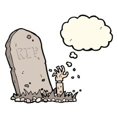 cartoon zombie rising from grave with thought bubble N4
