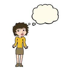 cartoon woman shrugging shoulders with thought bubble N324