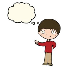 cartoon happy boy pointing with thought bubble N13