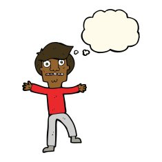 cartoon boy panicking with thought bubble N15