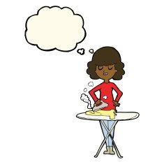 cartoon woman ironing with thought bubble N4